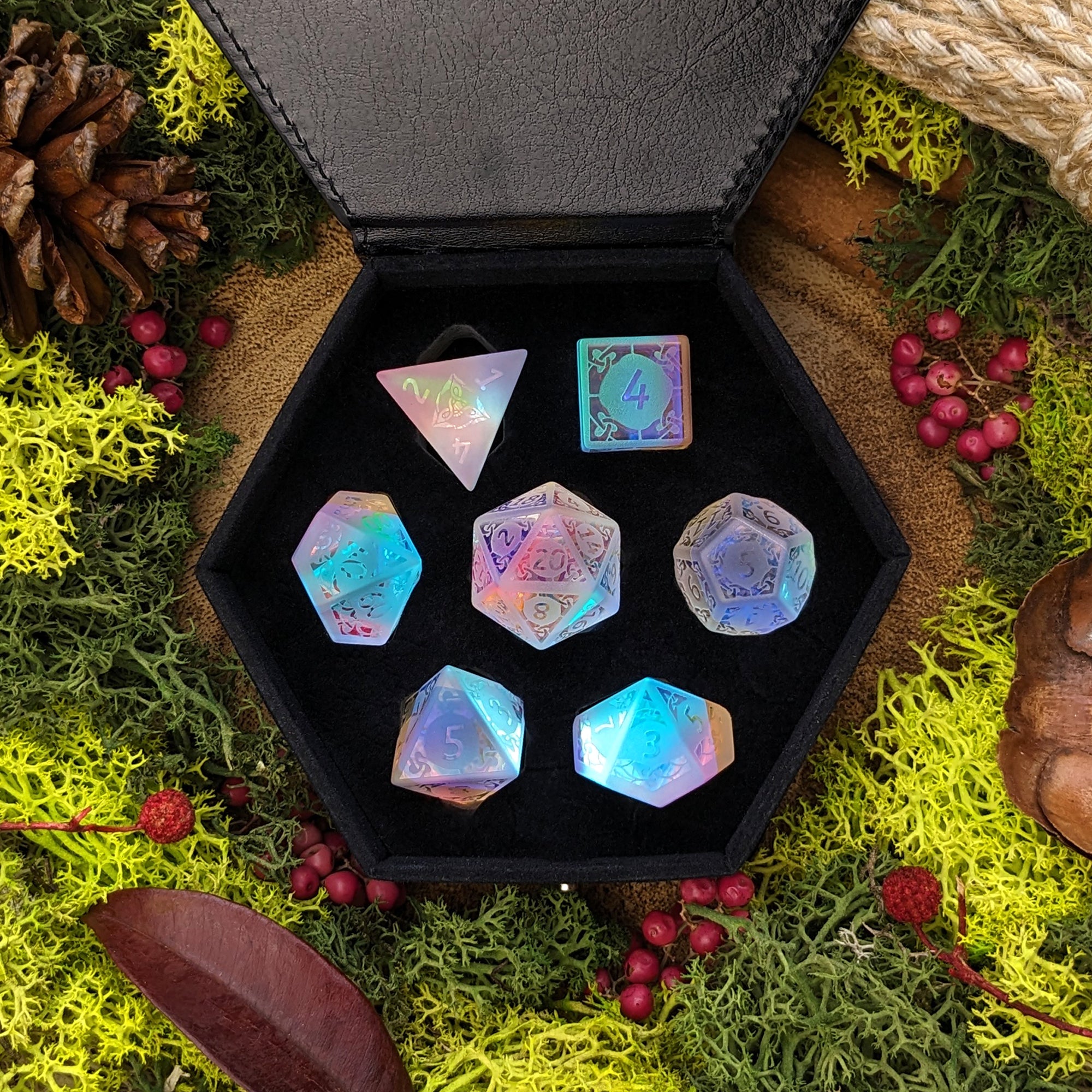 Frosted Rainbow Prism | Dichroic Glass 'B Grade' Dice Seconds - Dice Set - Luffleberry