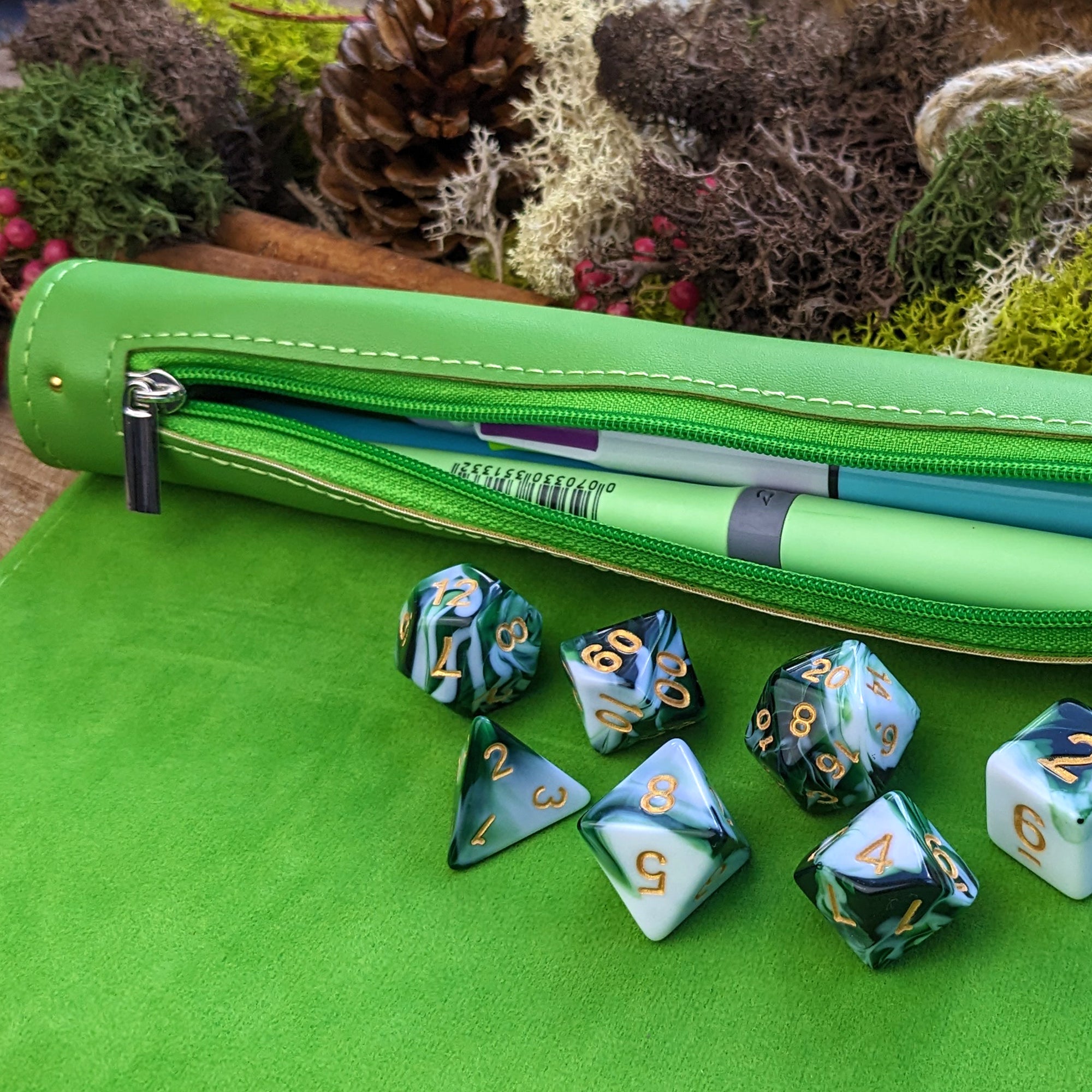 Green Roll Up Dice Mat & Storage - Dice Tray - Luffleberry