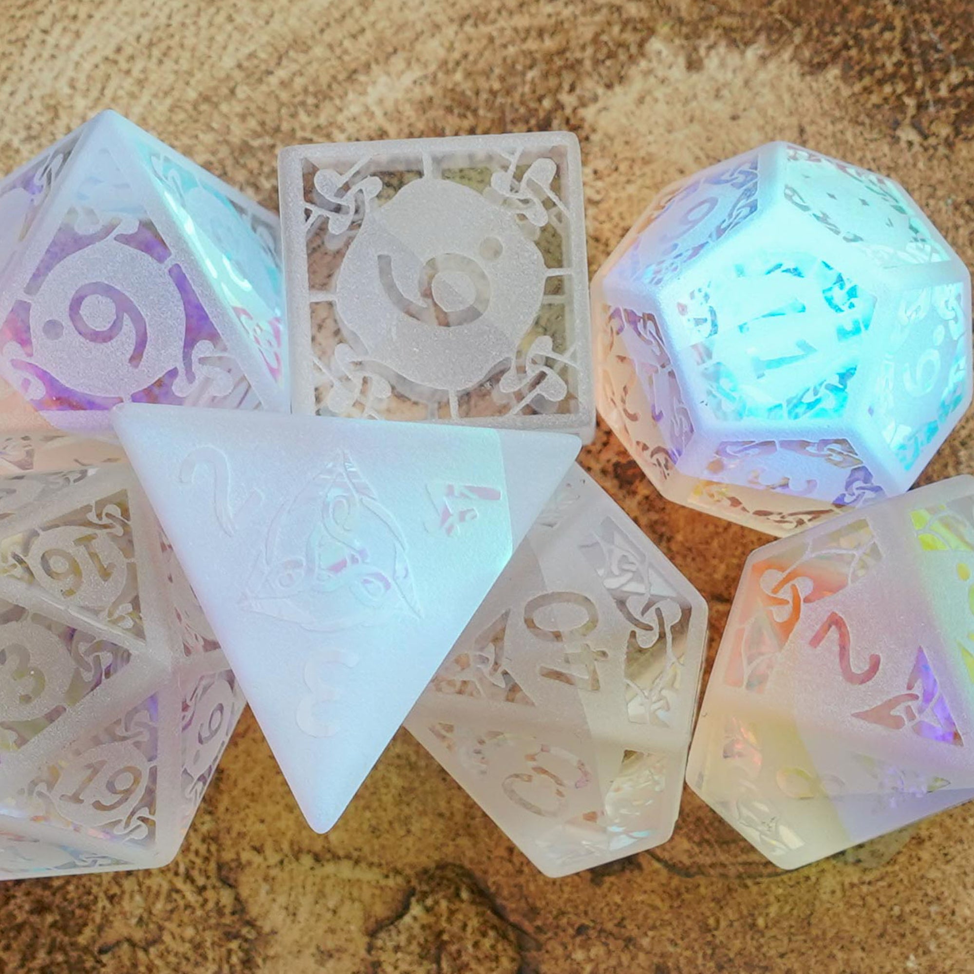 Frosted Rainbow Prism | Dichroic Glass 'B Grade' Dice Seconds - Dice Set - Luffleberry