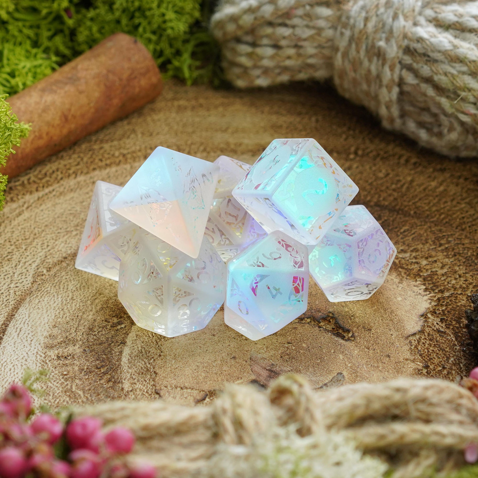 Frosted Rainbow Prism | Dichroic Glass 'B Grade' Dice Seconds - Dice Set - Luffleberry