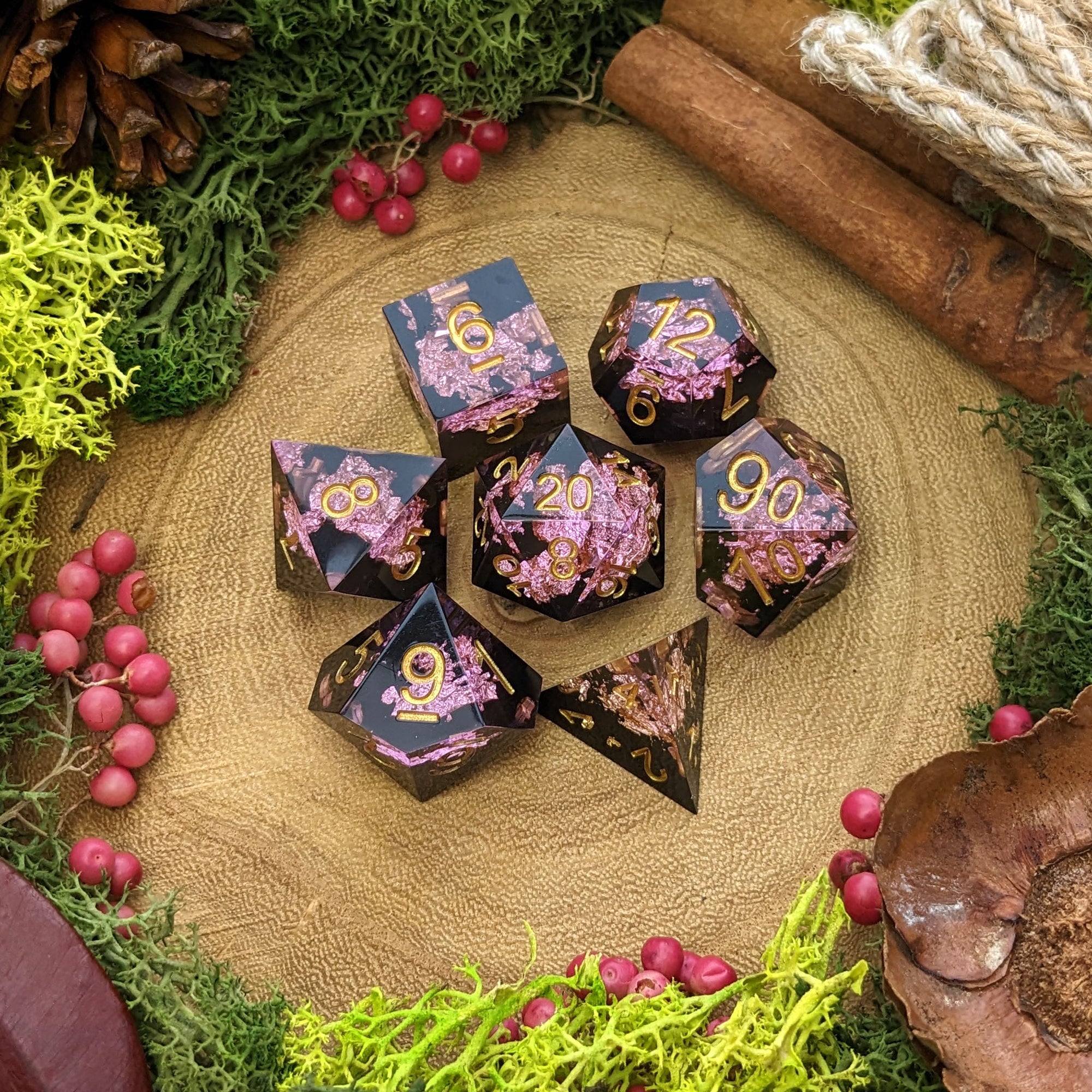 Midnight Blossom | Sharp Edge Resin Dice - Dice Set - Luffleberry