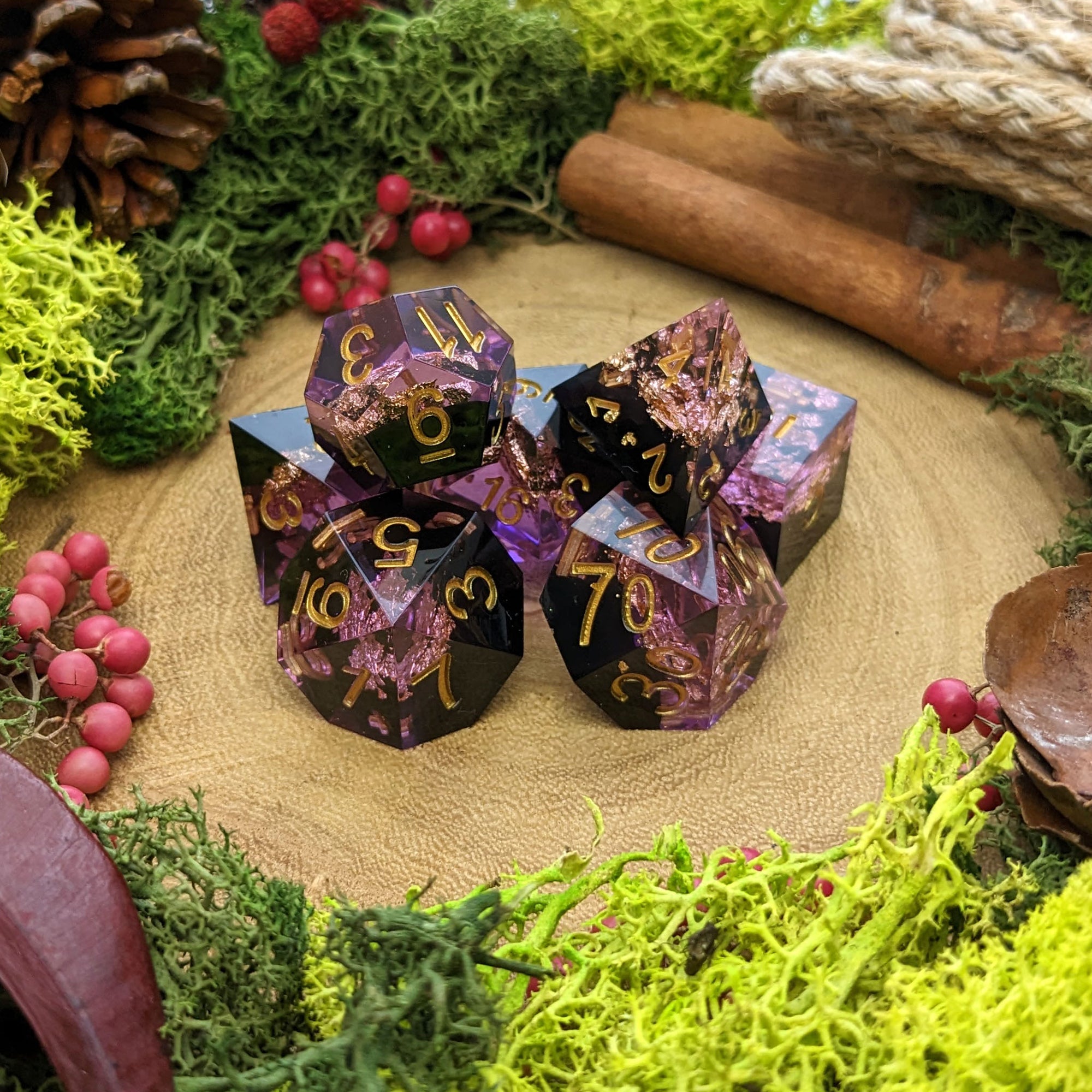 Midnight Blossom | Sharp Edge Resin Dice - Dice Set - Luffleberry