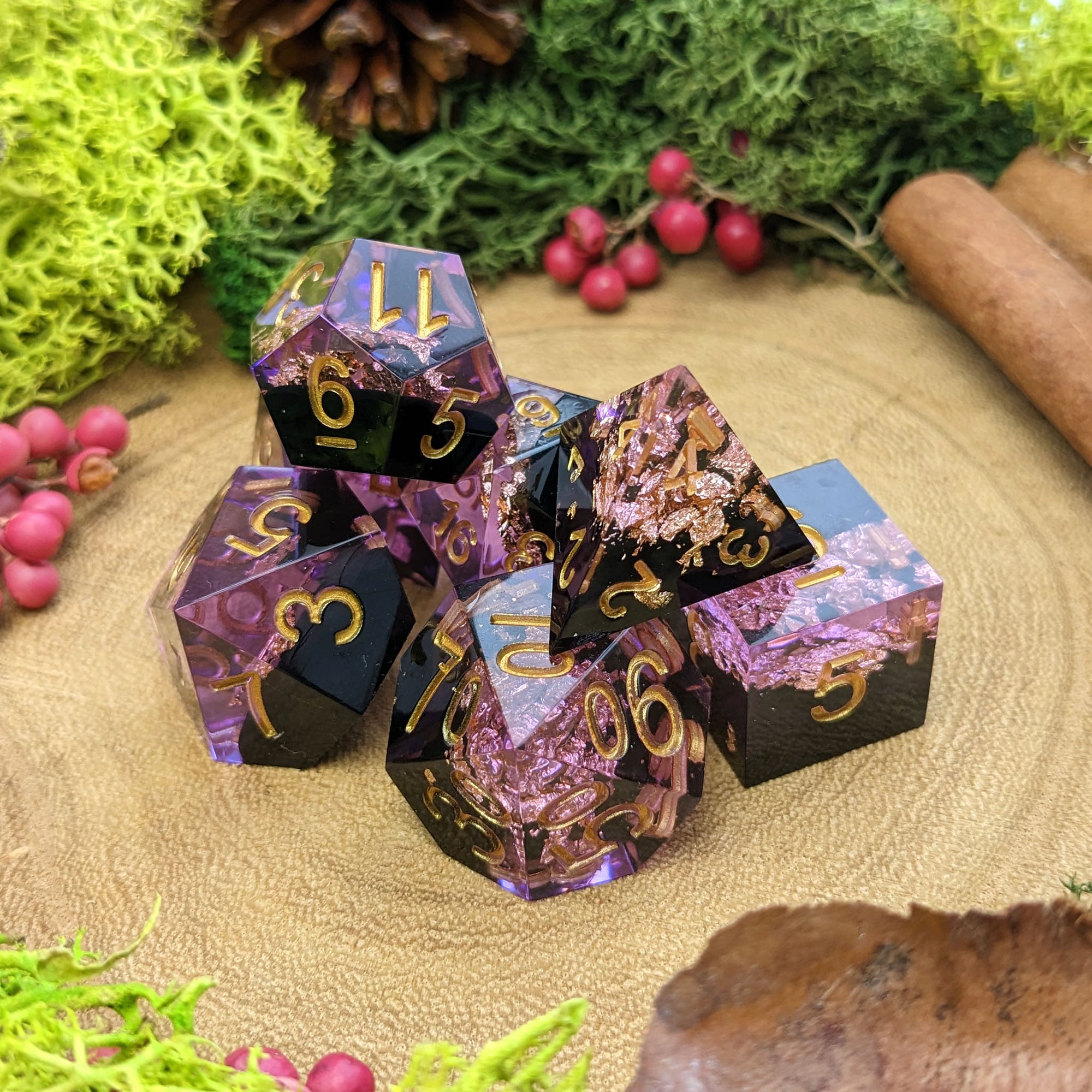 Midnight Blossom | Sharp Edge Resin Dice - Dice Set - Luffleberry