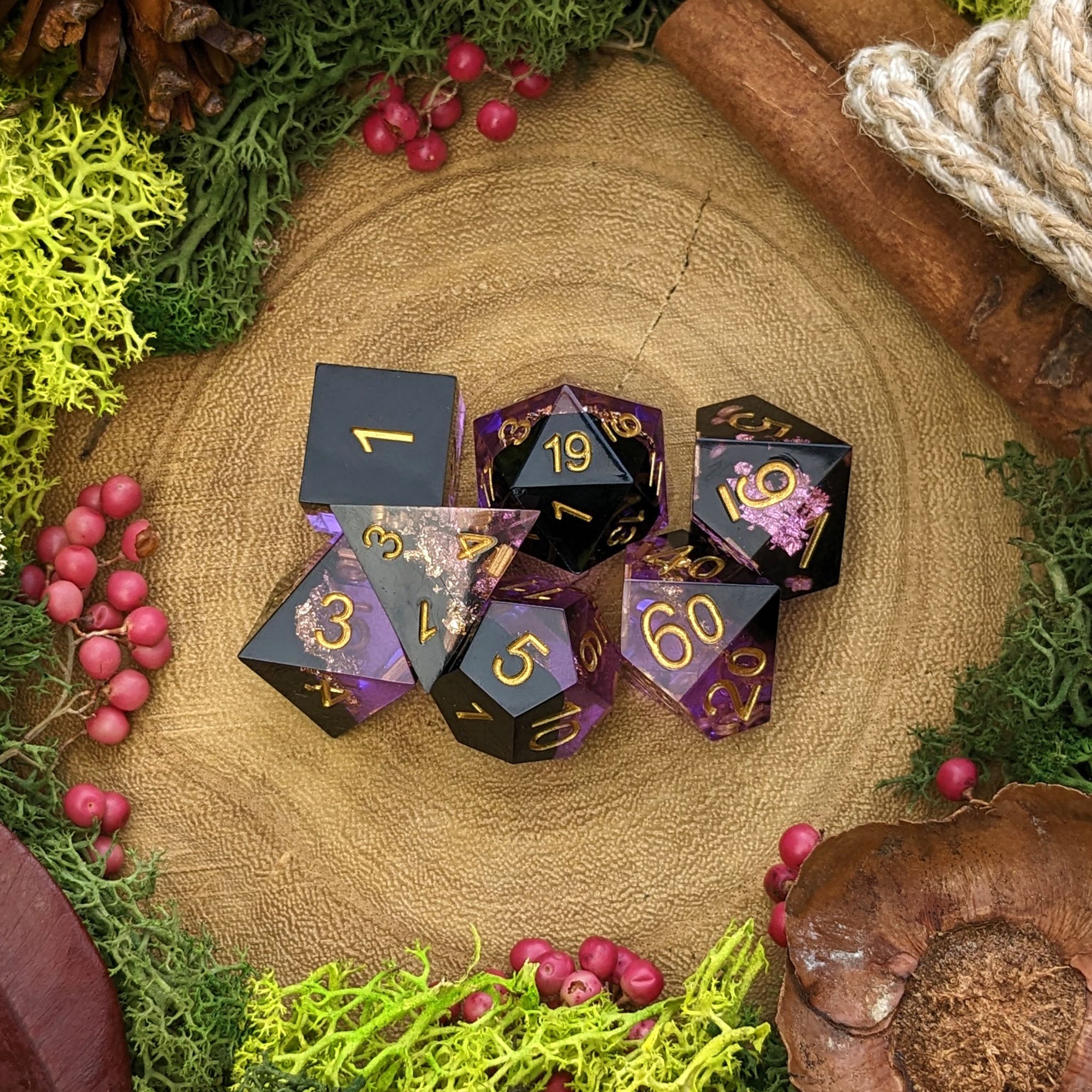 Midnight Blossom | Sharp Edge Resin Dice - Dice Set - Luffleberry